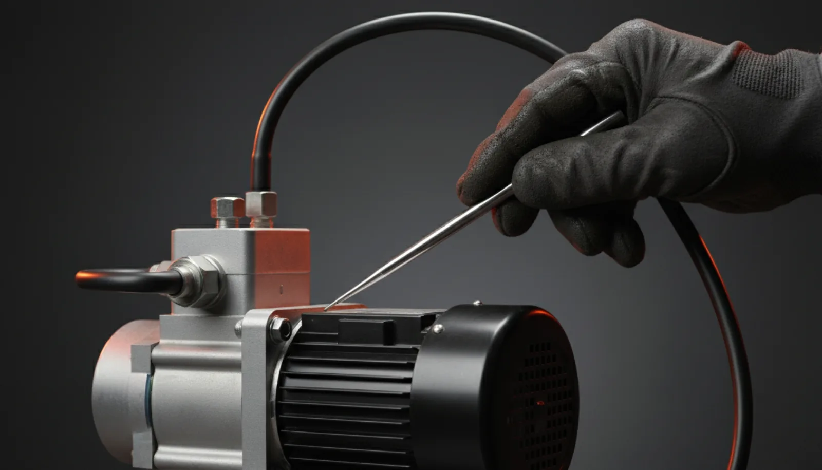 Listening to an ACD/AYC pump motor with a mechanic's stethoscope to locate a grinding noise